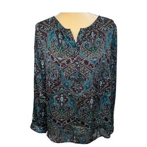Talbots Split Neck Teal Paisley Tunic Top Size Large.